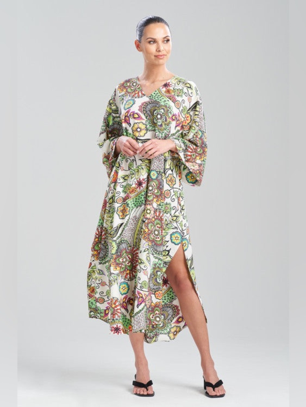 Natori Crepe de chine Dress XL Boho Luxe Resortwear Floral Paisley Midi Kaftan